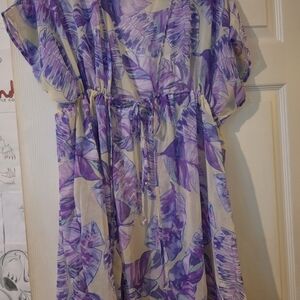 Lavender Leaf Print Tie-Waist Cardi/Coverup